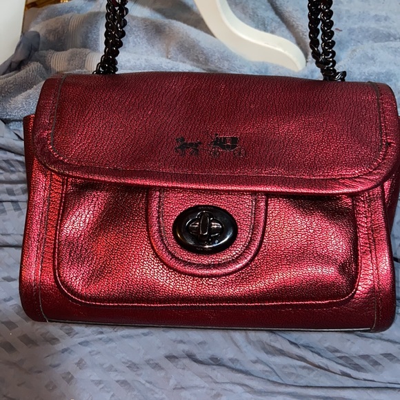 Coach Metallic Red Ranger Flap Crossbody Bag Metal Chain Convertible - Picture 16 of 16